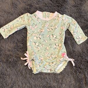 Ruffle Butts Green Floral Kids Swim One Piece